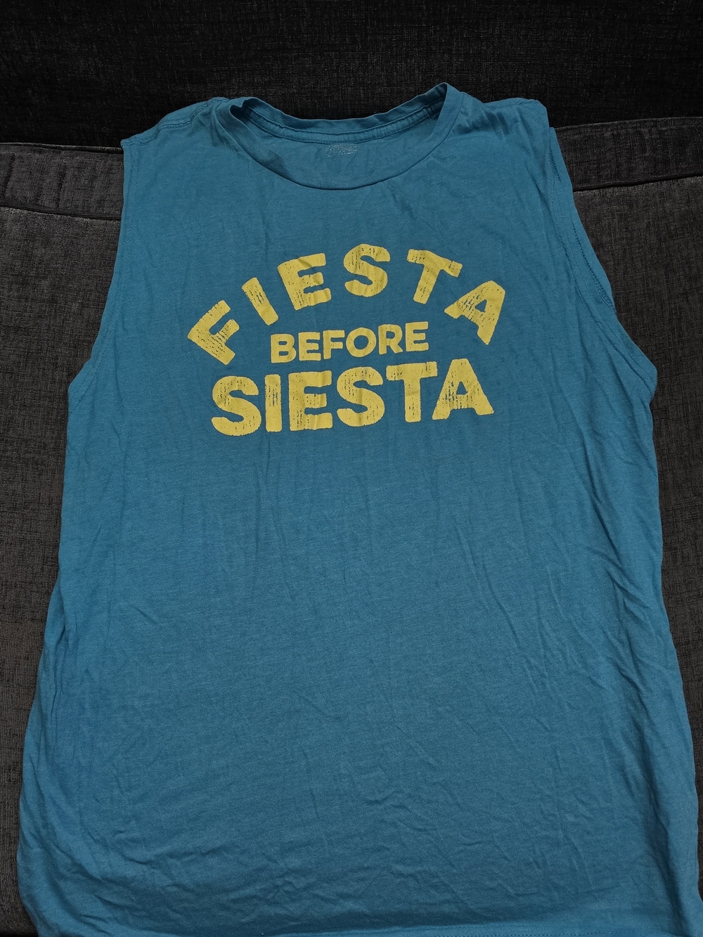 Men's Teal Tank Top with Yellow 'Fiesta Before Siesta' Print
